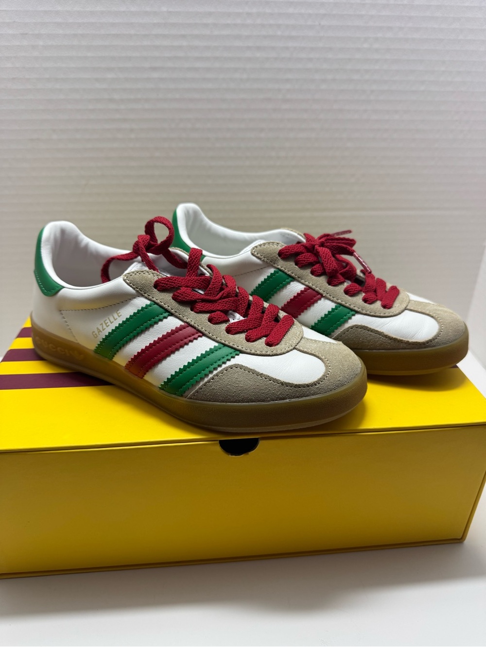 Adidas Gazelle White Sneakers with Red & Green Stripes